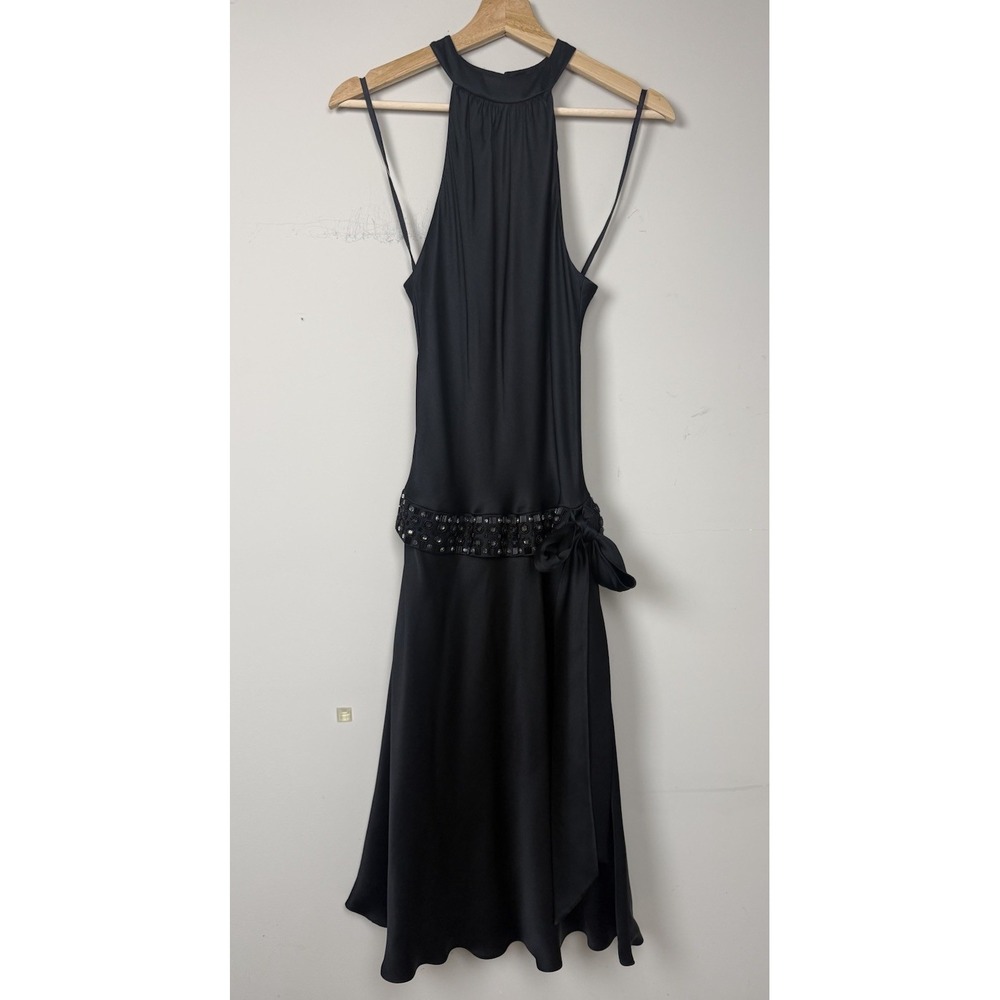 Y2K Anne Klein 100% Silk Drop Waist Black Beaded Dress 2000's Formal Halter 6